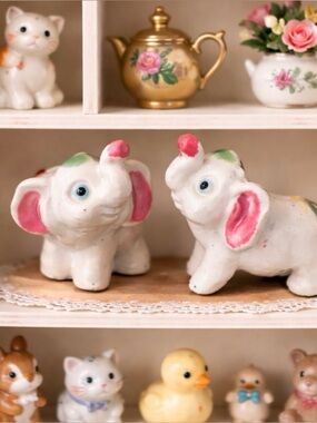 Vintage miniature Ceramic Elephant Figurines with Pink and Green Accents